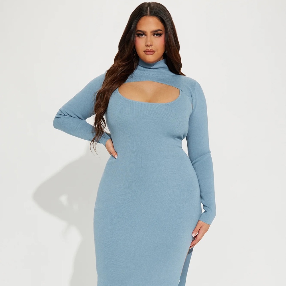 ~Allison Slate Blue Sweater Dress W/ Bolero Neckline, Front Cutout & Side Split~ - Picture 5 of 11